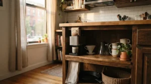 A compact air purifier for small kitchen sitting on a shelf in a city studio apartment.