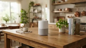 A budget-friendly air purifier for small kitchen operating quietly on a wooden prep island.