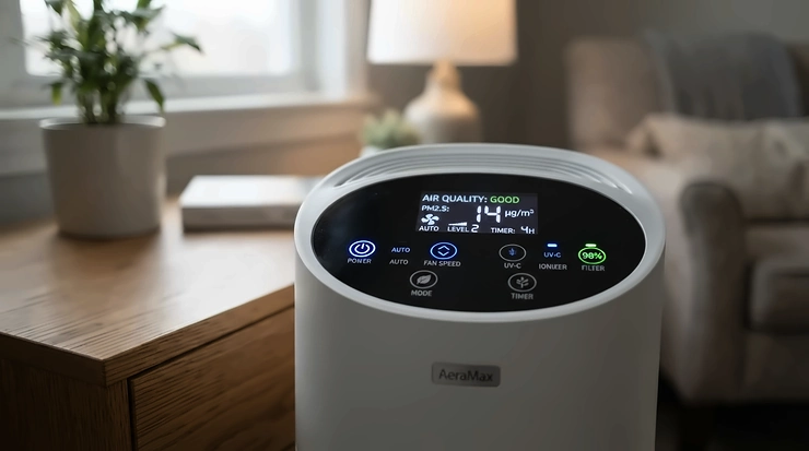 A modern air purifier for small kitchen showing a blue air quality indicator light on its panel.