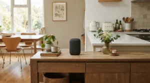 A sleek air purifier for small kitchen positioned near an adjoining dining room table and chairs.