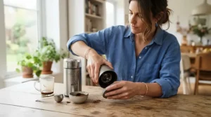 A person changing the filter on a portable air purifier for small kitchen on the kitchen table.