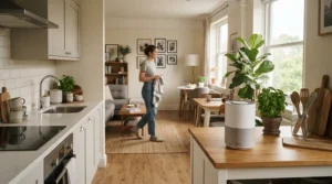 An efficient air purifier for small kitchen filtering air in an open-plan apartment layout.