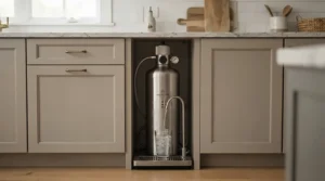 A space-saving air purifier for small kitchen tucked into a tight corner between cabinets.