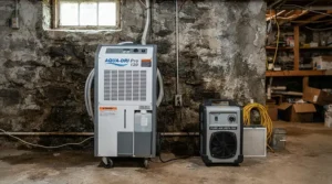 A dehumidifier and air purifier for unfinished basement working together to control dampness.