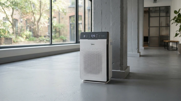 An air purifier for unfinished basement sitting directly on a sealed concrete foundation.