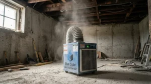 An air purifier for unfinished basement operating near drywall sanding work to capture fine particles.