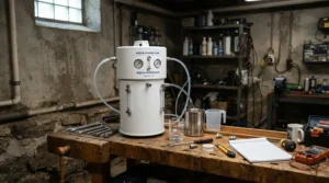 A portable air purifier for unfinished basement placed on a workbench to freshen air.