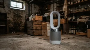 An air purifier for unfinished basement with carbon filtration eliminating musty odors.