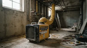 An air purifier for unfinished basement capturing airborne debris during home remodeling.