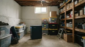 An air purifier for unfinished basement protecting stored holiday boxes and furniture.