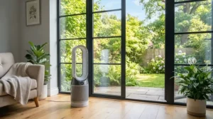Allergy relief air purifier for large living room running during peak pollen season near sliding glass doors.