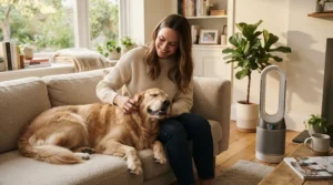 An allergy-relief air purifier for living room with pets helping family members breathe easy with their dog.