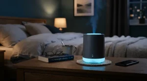 Sleek air purifier for bedroom allergies placed on a nightstand in a calm, dust-free master bedroom.