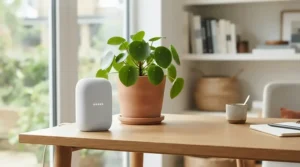 A compact air purifier for bedroom allergies resting on a small desk in a modern apartment