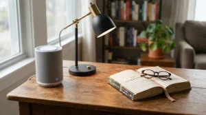Compact air purifier for bedroom with pets placed on a bedside table with a fluffy cat lounging nearby.