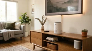 Compact air purifier for living room smoke odor placed on a media console in an urban apartment.