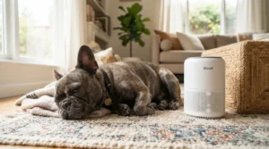 A compact air purifier for living room with pets placed on a stylish side table next to a resting pug.