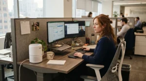 An employee using a quiet desk air purifier for office cubicle environments to improve personal air quality.