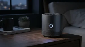 A desk air purifier for office desks featuring a soft glowing LED air quality indicator light.