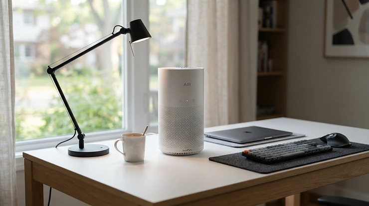 A minimalist white desk air purifier for office tables complementing a clean, clutter-free aesthetic.