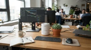 A personal desk air purifier for office open floor plan desks surrounded by monitors and plants.