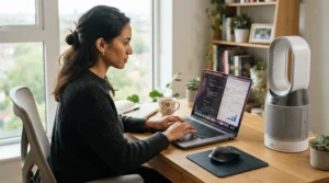 A whisper-quiet desk air purifier for office professionals working intently without background noise distractions.