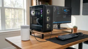 A USB powered desk air purifier for office use plugged directly into a computer setup.