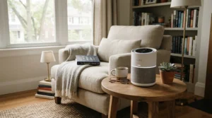 Compact desktop air purifier for living room smoke odor placed discreetly on a wooden side table.