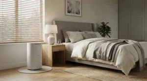 Advanced air cleaner capturing pet hair and dust in a modern master sleeping area