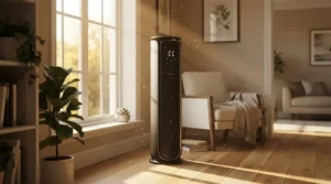 HEPA air purifier for bedroom allergies capturing microscopic dust particles in a sunny sleeping space.