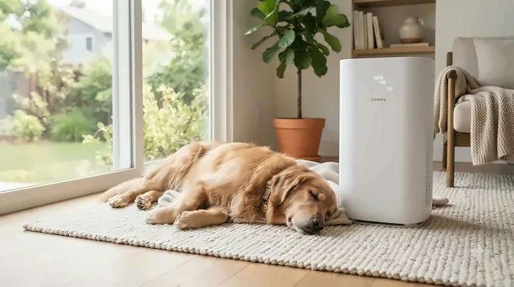 HEPA air purifier for large living room helping reduce pet dander near a resting golden retriever