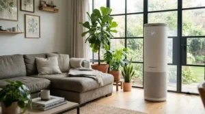 HEPA air purifier for living room smoke odor filtering air near a family sitting area.