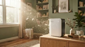 A HEPA air purifier for living room with pets capturing floating fur and dander in a modern apartment.