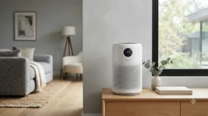 Minimalist air purifier for large living room featuring clean lines and neutral colors for modern interior design.