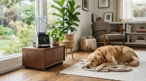 A modern air purifier for living room with pets blending seamlessly into contemporary American home decor.
