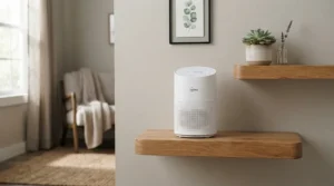 A portable air purifier for bedroom allergies sitting on a shelf in a guest bedroom