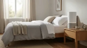 Quiet air purifier for bedroom allergies operating silently next to a bed during nighttime hours.