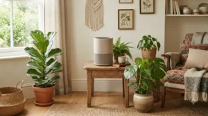Quiet air purifier for large living room blending seamlessly into a stylish bohemian-style open-plan house.