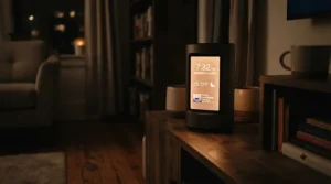 Quiet air purifier for living room smoke odor running in a cozy den during evening hours.