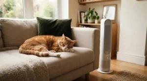 A quiet air purifier for living room with pets operating while a ginger cat naps nearby on a sofa.