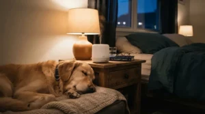 Compact filtration device running silently beside a bed with a golden retriever sleeping on the rug