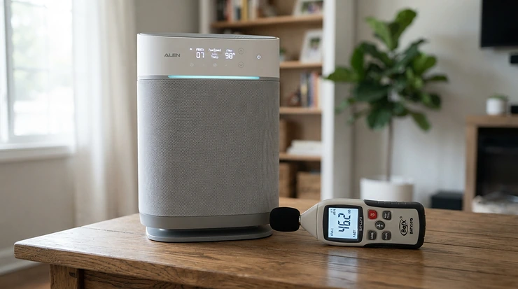 Demonstrating the ultra low decibel level of the quietest air purifier for baby room sleep