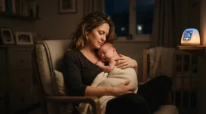 A mother holding an infant while the quietest air purifier for baby room sleep runs silently in the background