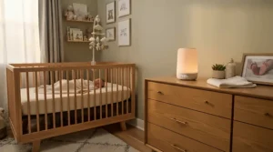 The quietest air purifier for baby room sleep operating silently next to a modern wooden crib in a calm nursery