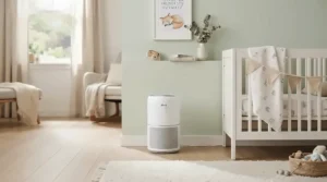 A safe nursery setup featuring the quietest air purifier for baby room sleep for allergy relief