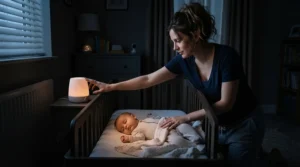 Parent checking the quietest air purifier for baby room sleep during successful sleep training routines