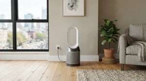 A space-saving air purifier placed neatly against the bedroom wall of a modern urban apartment.