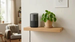 A small white air purifier sitting on a minimalist floating shelf next to house plants in a contemporary bedroom.