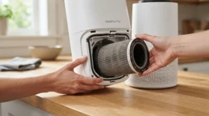 A homeowner calmly sliding out a clean HEPA filter from the base of a bedroom air purifier during routine maintenance.