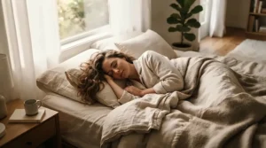 A peaceful woman sleeping soundly in a cozy bed while a silent air purifier stands nearby, promoting healthy nighttime breathing.